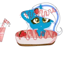 Size: 942x848 | Tagged: alicorn, alicorn oc, artist:snowflakecrystalyt, cake, cheesecake, derpibooru import, drink, drinking straw, female, food, horn, mare, oc, oc:fleurbelle, safe, straw, strawberry, wings, yellow eyes