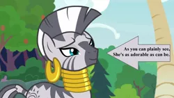 Size: 1920x1080 | Tagged: arrow, captain obvious, cute, derpibooru import, ear piercing, earring, edit, edited screencap, jewelry, neck rings, piercing, quadrupedal, rhyme, safe, screencap, she talks to angel, smiling, text, tree, zecora, zecorable