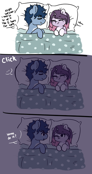 Size: 2638x5000 | Tagged: suggestive, artist:wickedsilly, derpibooru import, oc, oc:sleepy head, oc:wicked silly, unofficial characters only, pony, unicorn, and then sex happened, bed, comic, dialogue, female, implied sex, male, oc x oc, shipping, straight, wickedsleepy