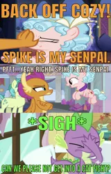 Size: 633x992 | Tagged: safe, derpibooru import, edit, edited screencap, editor:undeadponysoldier, screencap, cozy glow, sandbar, smolder, spike, dragon, pegasus, pony, just for sidekicks, school raze, what lies beneath, argument, caption, catfight, claws, cozybuse, cozyspike, dragoness, facepalm, female, filly, image macro, male, measuring cup, meme, senpai, shipping, shoving, sigh, spike gets all the fillies, spike gets all the foals, spike gets all the mares, spolder, straight, text