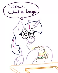 Size: 510x637 | Tagged: alicorn, artist:doodledandy, barbara dunkleman, burger, comic, derpibooru import, food, glasses, mouse, news, rooster teeth animated adventures, safe, solo, swirly glasses, twilight burgkle, twilight sparkle, twilight sparkle (alicorn)