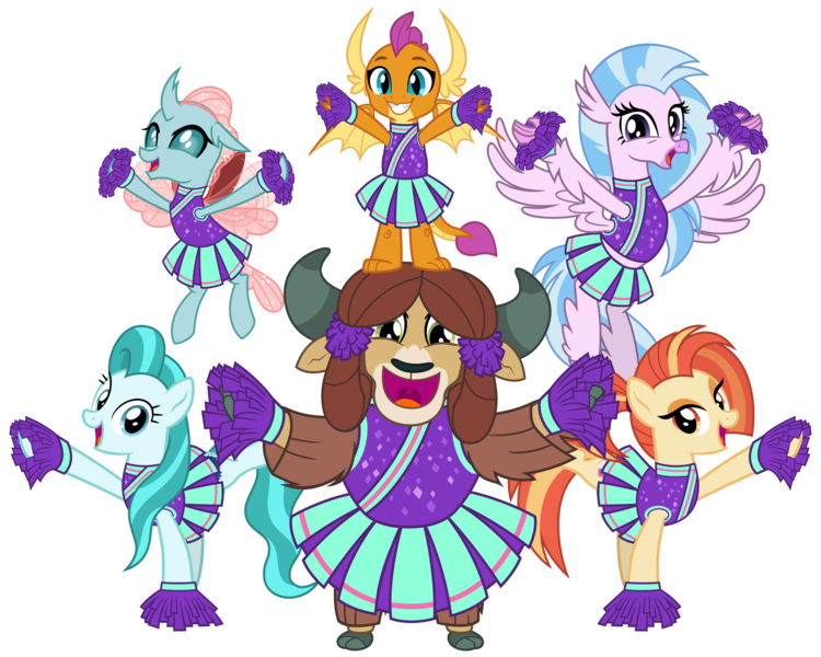 Size: 5000x4000 | Tagged: source needed, safe, artist:cheezedoodle96, derpibooru import, lighthoof, ocellus, shimmy shake, silverstream, smolder, yona, changedling, changeling, classical hippogriff, dragon, earth pony, hippogriff, pony, yak, 2 4 6 greaaat, .svg available, balancing, cheering, cheerleader, cheerleader ocellus, cheerleader outfit, cheerleader silverstream, cheerleader smolder, cheerleader yona, clothes, cloven hooves, cute, diaocelles, diastreamies, dragoness, female, flying, group, lightorable, looking at you, mare, monkey swings, pleated skirt, pom pom, shakeabetes, simple background, skirt, smiling, smolderbetes, svg, transparent background, vector, yonadorable
