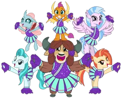 Size: 5000x4000 | Tagged: source needed, safe, artist:cheezedoodle96, derpibooru import, lighthoof, ocellus, shimmy shake, silverstream, smolder, yona, changedling, changeling, classical hippogriff, dragon, earth pony, hippogriff, pony, yak, 2 4 6 greaaat, .svg available, balancing, cheering, cheerleader, cheerleader ocellus, cheerleader outfit, cheerleader silverstream, cheerleader smolder, cheerleader yona, clothes, cloven hooves, cute, diaocelles, diastreamies, dragoness, female, flying, group, lightorable, looking at you, mare, monkey swings, pleated skirt, pom pom, shakeabetes, simple background, skirt, smiling, smolderbetes, svg, transparent background, vector, yonadorable