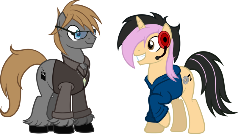 Size: 2000x1125 | Tagged: safe, artist:theeditormlp, derpibooru import, oc, oc:blitz, oc:the editor, unofficial characters only, earth pony, pony, unicorn, clothes, glasses, headphones, hoodie, male, simple background, stallion, sweater vest, transparent background, vector