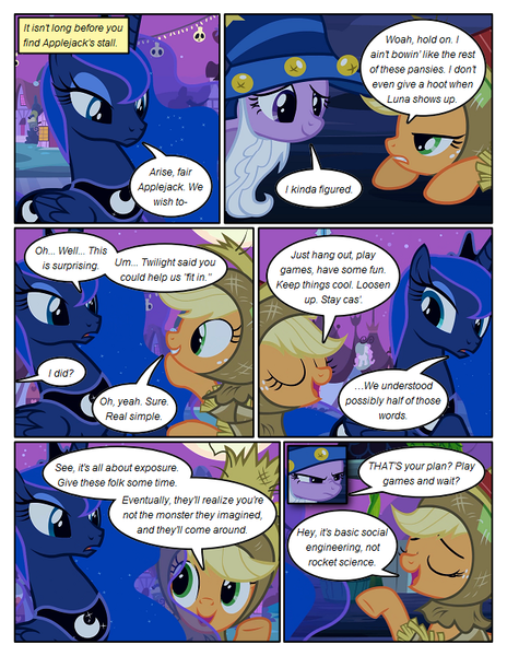 Size: 612x792 | Tagged: safe, artist:newbiespud, derpibooru import, edit, edited screencap, screencap, applejack, princess luna, twilight sparkle, alicorn, earth pony, pony, unicorn, comic:friendship is dragons, luna eclipsed, annoyed, cloak, clothes, comic, costume, dialogue, ethereal mane, eyes closed, fake beard, female, freckles, full moon, hat, mare, moon, scarecrow, screencap comic, smiling, star swirl the bearded costume, starry mane, unicorn twilight, wizard hat