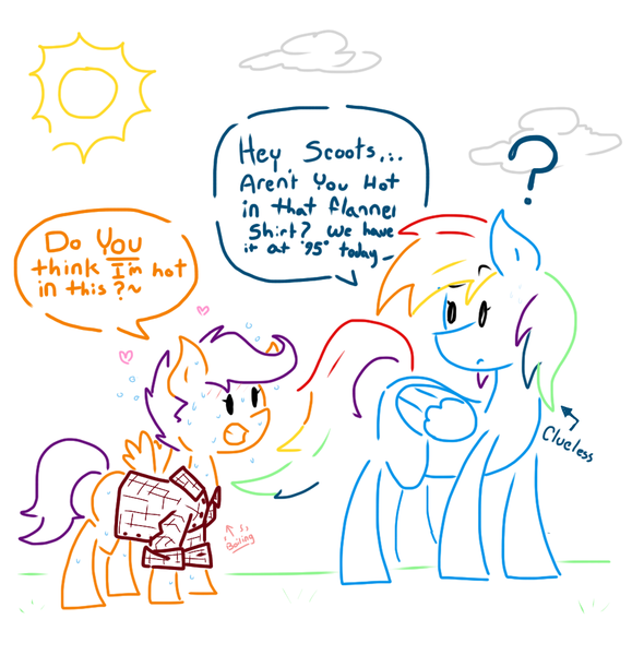 Size: 959x993 | Tagged: safe, artist:doodledandy, derpibooru import, rainbow dash, scootaloo, pegasus, pony, clothes, comic, female, flannel, flannel shirt, hot, pun, shirt, sun, sweat