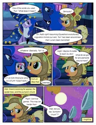 Size: 612x792 | Tagged: safe, artist:newbiespud, derpibooru import, edit, edited screencap, screencap, applejack, pinkie pie, princess luna, twilight sparkle, alicorn, earth pony, pony, unicorn, comic:friendship is dragons, luna eclipsed, animal costume, catapult, chicken pie, chicken suit, cloak, clothes, comic, costume, dialogue, ethereal mane, f.u.n., fake beard, freckles, full moon, grin, hat, hoof shoes, moon, music notes, pumpkin, raised hoof, scarecrow, screencap comic, singing, smiling, spongebob squarepants, star swirl the bearded costume, starry mane, unicorn twilight, wizard hat