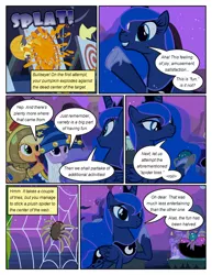 Size: 612x792 | Tagged: safe, artist:newbiespud, derpibooru import, edit, edited screencap, screencap, applejack, princess luna, twilight sparkle, alicorn, earth pony, pony, spider, unicorn, comic:friendship is dragons, luna eclipsed, bullseye, cloak, clothes, comic, dialogue, ethereal mane, fake beard, female, hat, hoof shoes, mare, onomatopoeia, pumpkin, raised hoof, screencap comic, smiling, spider web, star swirl the bearded costume, starry mane, unicorn twilight, wizard hat