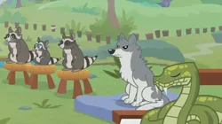 Size: 1600x896 | Tagged: safe, derpibooru import, screencap, antoine, sandra, smoky, smoky jr., softpad, pony, python, raccoon, snake, wolf, she talks to angel, mattress, sitting, stool, sweet feather sanctuary, unhappy