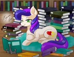 Size: 1017x786 | Tagged: safe, artist:shinta-girl, derpibooru import, oc, oc:peach heart, unofficial characters only, pony, book, bookshelf, library, prone, solo