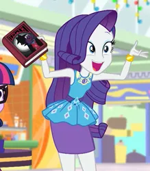 Size: 840x960 | Tagged: safe, derpibooru import, screencap, rarity, sci-twi, twilight sparkle, equestria girls, equestria girls series, holidays unwrapped, spoiler:eqg series (season 2), book, cropped, detective rarity, happy, pencil skirt, pony waifu sim, shadow spade, solo focus