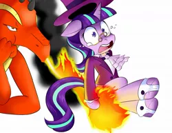 Size: 1280x989 | Tagged: safe, artist:zanezandell, derpibooru import, snowfall frost, starlight glimmer, dragon, pony, unicorn, burned, burned butt, clothes, female, fire, fire breath, hat, mare, teary eyes, top hat, wide eyes