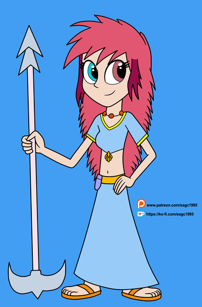 Size: 2089x3185 | Tagged: safe, artist:eagc7, derpibooru import, oc, oc:zyrena, unofficial characters only, equestria girls, belly button, clothes, commission, equestria girls-ified, female, hand on hip, heterochromia, ko-fi, midriff, patreon, patreon logo, skirt, solo, weapon