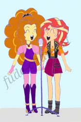 Size: 808x1212 | Tagged: safe, artist:fude-chan-art, derpibooru import, adagio dazzle, sunset shimmer, equestria girls, duet, duo, eyes closed, female, microphone, simple background, singing