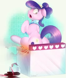 Size: 1080x1273 | Tagged: safe, artist:si1vr, derpibooru import, suri polomare, earth pony, pony, burned, burned butt, burned butt fetish, coffee, female, fetish, literal butthurt, mare, pain, solo, stove, wide eyes