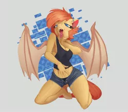 Size: 4096x3587 | Tagged: suggestive, artist:spaboofy, derpibooru import, oc, oc:jellybean, unofficial characters only, anthro, bat pony, unguligrade anthro, anthro oc, bat pony oc, bat wings, breasts, clothes, ear piercing, fangs, female, innuendo, mare, nose piercing, panties, piercing, shorts, solo, solo female, tanktop, tongue out, tongue piercing, underwear, unzipped, wings