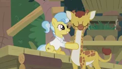 Size: 1600x900 | Tagged: safe, derpibooru import, screencap, clementine, doctor fauna, earth pony, giraffe, pony, she talks to angel, clothes, duo, eyes closed, female, mare, massage, platform, shirt, smiling, sweet feather sanctuary, veterinarian