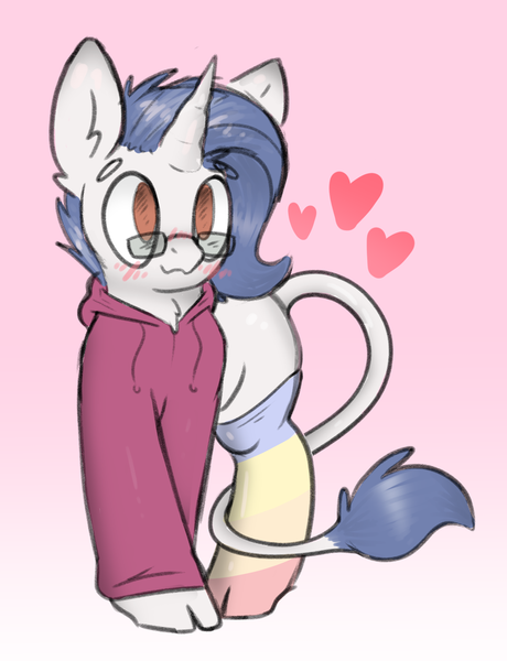 Size: 1944x2535 | Tagged: safe, artist:goodgirldoe, derpibooru import, oc, oc:yodi, unofficial characters only, classical unicorn, pony, unicorn, abstract background, blushing, clothes, cloven hooves, cute, glasses, gradient background, heart, hoodie, image, leonine tail, male, png, rainbow socks, socks, stallion, striped socks, thigh highs, unshorn fetlocks