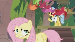 Size: 1600x900 | Tagged: safe, derpibooru import, screencap, constance, doctor fauna, fluttershy, bird, earth pony, pegasus, pony, she talks to angel, ducking, female, flock, mare, platform, stairs, sweet feather sanctuary, tree, worried