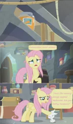 Size: 1600x2694 | Tagged: safe, derpibooru import, edit, edited screencap, screencap, angel bunny, fluttershy, pegasus, pony, rabbit, she talks to angel, animal, book, box, carrot juice, comic, concentrated carrot extract, container, door, duo, female, frazzled, hoof on head, jar, ladder, male, mare, rope, screencap comic, shelf, speech bubble, stool, surprised, vase