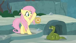 Size: 3840x2160 | Tagged: safe, derpibooru import, screencap, antoine, fluttershy, pony, python, snake, she talks to angel, cave, cookie, cookie jar, duo, female, food, frazzled, jar, mare, raised hoof, snake treat