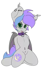 Size: 1776x2844 | Tagged: safe, artist:joey, artist:k-kopp, derpibooru import, oc, oc:night snapper, unofficial characters only, bat pony, pony, belly button, bellyring, collar, ear fluff, ear piercing, earring, femboy, jewelry, kneeling, male, piercing, solo, tongue out, tongue piercing