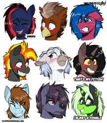 Size: 4093x4685 | Tagged: safe, alternate version, artist:jcosneverexisted, derpibooru import, oc, oc:digidash, oc:erica the hippogriff, oc:grimvale, oc:lightning loons, oc:loki ebonhoof, oc:neon burst, oc:nyn indigo, oc:serenity, unofficial characters only, pony, blushing, bust, crying, female, flustered, male, nervous