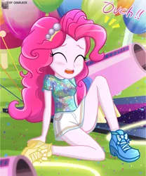 Size: 555x668 | Tagged: safe, artist:charliexe, derpibooru import, pinkie pie, equestria girls, balloon, clothes, confetti, cute, dialogue, diapinkes, eyes closed, female, injured, legs, open mouth, ouch, party cannon, schrödinger's pantsu, shoes, shorts, solo, thighs