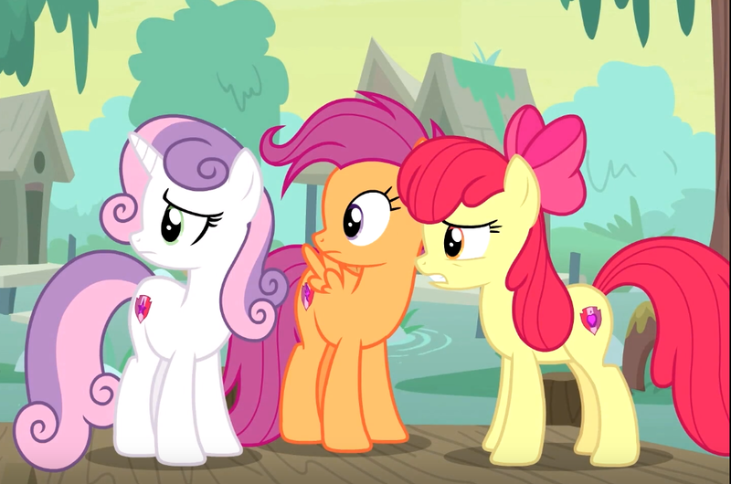 Size: 1032x684 | Tagged: safe, derpibooru import, screencap, apple bloom, scootaloo, sweetie belle, earth pony, pegasus, pony, unicorn, growing up is hard to do, bow, cropped, cutie mark, cutie mark crusaders, female, hair bow, mare, older, older apple bloom, older cmc, older scootaloo, older sweetie belle, the cmc's cutie marks, trio