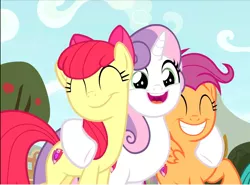 Size: 1046x774 | Tagged: safe, derpibooru import, screencap, apple bloom, scootaloo, sweetie belle, earth pony, pegasus, pony, unicorn, growing up is hard to do, adorabloom, cropped, cute, cutealoo, cutie mark, cutie mark crusaders, diasweetes, excited, eyes closed, female, happy, hug, mare, older, older apple bloom, older cmc, older scootaloo, older sweetie belle, smiling, the cmc's cutie marks, trio