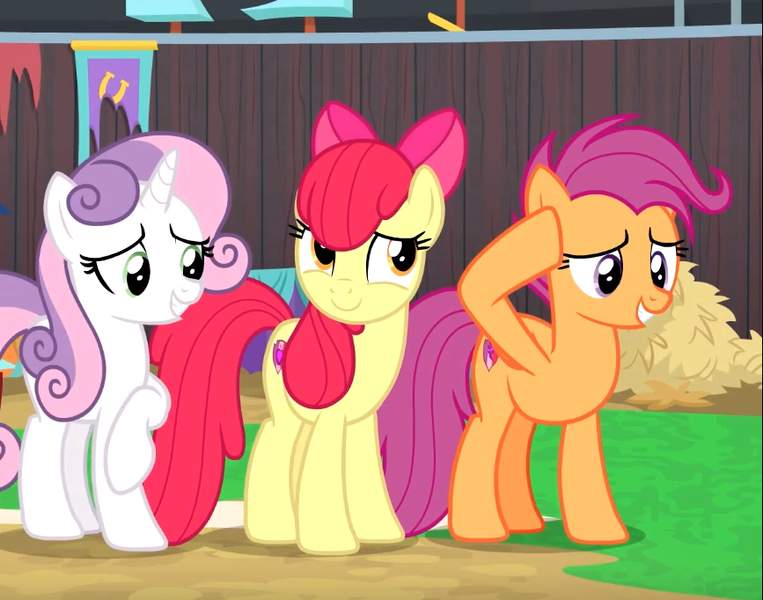 Size: 867x682 | Tagged: safe, derpibooru import, screencap, apple bloom, scootaloo, sweetie belle, earth pony, pegasus, pony, unicorn, growing up is hard to do, bow, cropped, cutie mark, cutie mark crusaders, female, hair bow, hoof on head, mare, older, older apple bloom, older cmc, older scootaloo, older sweetie belle, raised hoof, smiling, the cmc's cutie marks, trio