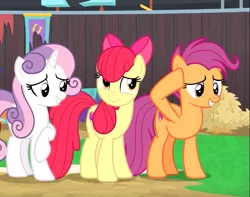 Size: 867x682 | Tagged: safe, derpibooru import, screencap, apple bloom, scootaloo, sweetie belle, earth pony, pegasus, pony, unicorn, growing up is hard to do, bow, cropped, cutie mark, cutie mark crusaders, female, hair bow, hoof on head, mare, older, older apple bloom, older cmc, older scootaloo, older sweetie belle, raised hoof, smiling, the cmc's cutie marks, trio