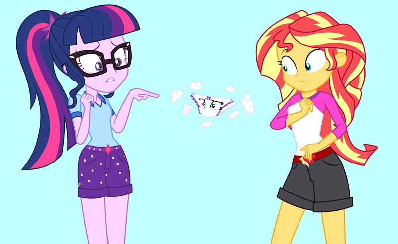 Size: 2456x1508 | Tagged: suggestive, artist:draymanor57, derpibooru import, rarity, sci-twi, sunset shimmer, twilight sparkle, human, equestria girls, clothes, clothing transformation, frilly underwear, inanimate tf, panties, pantified, poof, ribbon, transformation, underwear, white underwear