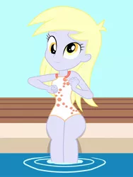 Size: 1536x2048 | Tagged: safe, artist:draymanor57, derpibooru import, derpy hooves, equestria girls, clothes, one-piece swimsuit, show accurate, sitting, swimming pool, swimsuit, swimsuit edit