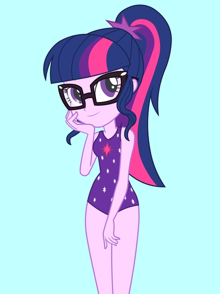 Size: 1536x2048 | Tagged: safe, artist:draymanor57, derpibooru import, sci-twi, twilight sparkle, equestria girls, blue background, clothes, cute, female, glasses, one-piece swimsuit, ponytail, simple background, solo, swimsuit, swimsuit edit, twiabetes