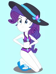 Size: 1536x2048 | Tagged: safe, artist:draymanor57, derpibooru import, rarity, equestria girls, belly button, bikini, clothes, feet, female, flip-flops, hat, heel pop, sandals, solo, swimsuit, swimsuit edit