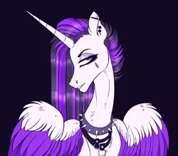 Size: 2212x1942 | Tagged: safe, artist:eeelt, derpibooru import, princess celestia, alicorn, pony, between dark and dawn, alternate color palette, alternate hair color, black background, collar, ear piercing, earring, female, goth, horn, jewelry, lip piercing, makeup, piercing, punklestia, simple background, solo, spiked collar, spread wings, wings