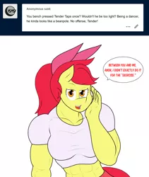 Size: 1280x1515 | Tagged: safe, artist:matchstickman, derpibooru import, apple bloom, anthro, earth pony, tumblr:where the apple blossoms, abs, apple brawn, biceps, bow, breasts, busty apple bloom, clothes, comic, deltoids, dialogue, female, implied shipping, implied straight, implied tenderbloom, innuendo, looking at you, male, mare, matchstickman's apple brawn series, muscles, muscular female, older, older apple bloom, shirt, simple background, skirt, solo, talking to viewer, tumblr comic, white background