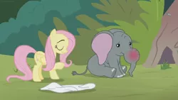 Size: 1366x768 | Tagged: safe, derpibooru import, screencap, angel bunny, fluttershy, muriel, elephant, pegasus, pony, she talks to angel, bandage, body swap, female, mare, not fluttershy, swollen