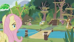 Size: 1366x768 | Tagged: safe, derpibooru import, screencap, angel bunny, antoine, clementine, doctor fauna, fluttershy, harry, muriel, scout (flamingo), smoky, smoky jr., softpad, bear, bird, flamingo, giraffe, pegasus, pony, raccoon, snake, she talks to angel, body swap, bridge, coconut tree, eaten alive, female, fetish fuel, indifferent, mare, not fluttershy, palm tree, platform, predation, ramp, river, sweet feather sanctuary, tree, vore