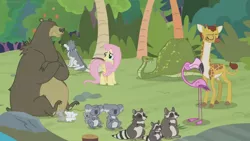 Size: 1366x768 | Tagged: safe, derpibooru import, screencap, angel bunny, antoine, clementine, fluttershy, harry, muriel, sandra, scout (flamingo), smoky, smoky jr., softpad, bear, bird, flamingo, giraffe, koala, mouse, pegasus, pony, python, snake, wolf, she talks to angel, animal, body swap, bush, cloven hooves, collar, crossed arms, disappointed, dog collar, eaten alive, female, ignoring, leash, mare, not fluttershy, predation, tree, upset, vore