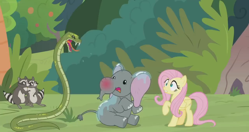 Size: 1366x726 | Tagged: safe, derpibooru import, screencap, angel bunny, antoine, fluttershy, muriel, smoky, softpad, elephant, pegasus, pony, python, raccoon, snake, she talks to angel, animal, body swap, bush, drool, female, hissing, mare, not fluttershy, raised hoof, scared, scaring, spit, wet