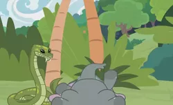 Size: 1260x768 | Tagged: animal, antoine, bush, derpibooru import, duo, elephant, faint, muriel, python, safe, screencap, she talks to angel, snake, tree