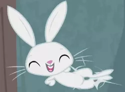 Size: 1364x1004 | Tagged: angel bunny, animal, clapping, cropped, derpibooru import, edit, edited screencap, elated, excited, eyes closed, happy, leaping, male, rabbit, safe, screencap, she talks to angel, solo