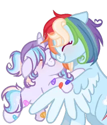 Size: 408x479 | Tagged: safe, artist:xxcutecookieswirlsxx, derpibooru import, rainbow dash, oc, oc:moon eclipse, pegasus, pony, unicorn, alternate design, alternate universe, bandage, blushing, eyes closed, female, filly, hug, magical lesbian spawn, mare, mother and child, mother and daughter, multicolored hair, offspring, parent:rainbow dash, parent:twilight sparkle, parents:twidash, rainbow hair, two toned wings, wings