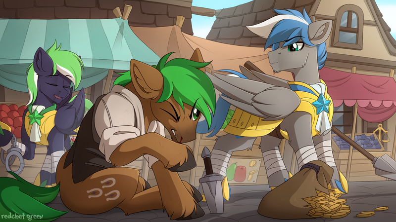 Size: 1920x1080 | Tagged: safe, artist:redchetgreen, derpibooru import, oc, oc:cloud zapper, oc:jaeger sylva, oc:moonlit ace, unofficial characters only, earth pony, pegasus, pony, armor, bag, bits, blood, clothes, market, money, nosebleed, royal guard, scenery, spear, thief, town, weapon