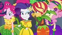 Size: 1912x1080 | Tagged: safe, derpibooru import, screencap, fluttershy, pinkie pie, rarity, sci-twi, sunset shimmer, twilight sparkle, equestria girls, equestria girls series, holidays unwrapped, spoiler:eqg series (season 2), clothes, cornucopia costumes, costume, o come all ye squashful, offscreen character, plusplus