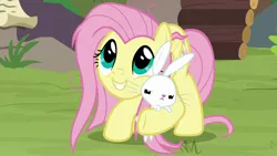 Size: 1920x1080 | Tagged: safe, derpibooru import, screencap, angel bunny, fluttershy, pegasus, pony, rabbit, she talks to angel, animal, annoyed, cute, duo, female, male, mare, messy mane, shyabetes, smiling