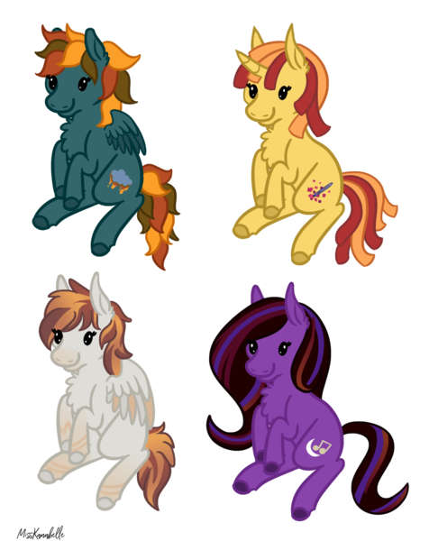 Size: 1367x1724 | Tagged: safe, artist:misskanabelle, derpibooru import, oc, oc:amura, oc:moon singer, oc:morning raindew mist, oc:pixel perfect, unofficial characters only, earth pony, pegasus, pony, unicorn, beady eyes, blank flank, colored wings, commission, cutie mark, fluffy, long ears, multicolored wings, smiling, wings, ych result