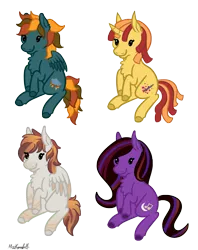 Size: 1367x1724 | Tagged: safe, artist:misskanabelle, derpibooru import, oc, oc:amura, oc:moon singer, oc:morning raindew mist, oc:pixel perfect, unofficial characters only, earth pony, pegasus, pony, unicorn, beady eyes, blank flank, colored wings, commission, cutie mark, fluffy, long ears, multicolored wings, smiling, wings, ych result